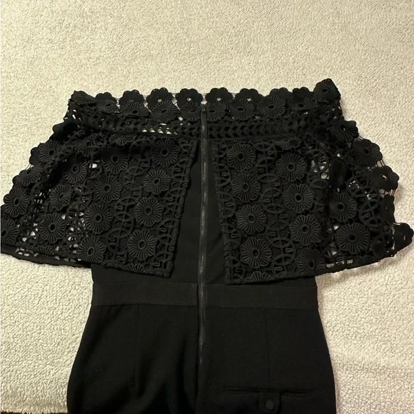 Self-Portrait Black Serena Guipure Lace Crepe Jumpsuit Crochet Pants Set - Picture 13 of 16